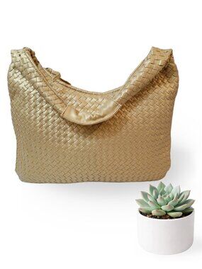 CARA Gold Woven Faux Leather Hobo Shoulder Bag